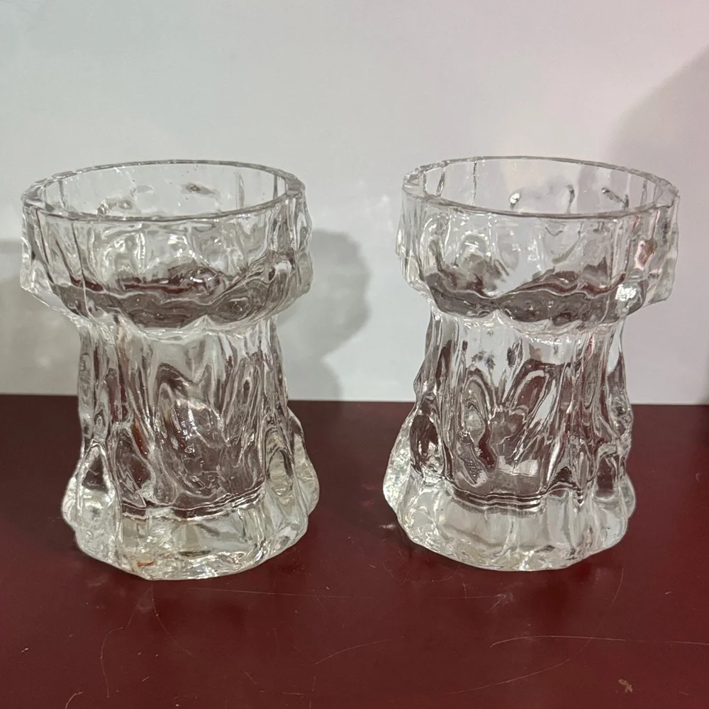 Vintage 1970 Ingrid Glashütte clear glass bark vase/candle holders